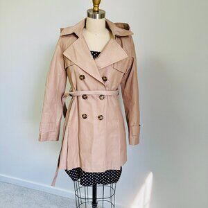 Halogen Khaki Double Breasted Trench Coat With Removeable Hood, XS